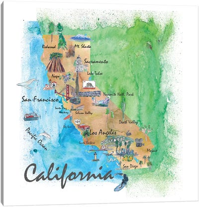 USA, California Travel Poster Canvas Art Print - State Maps