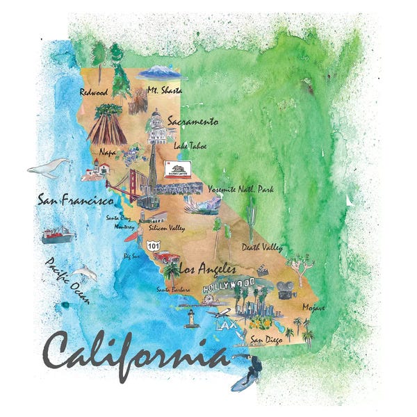 Kids Map Art: USA, California Travel Poster by Markus & Martina Bleichner