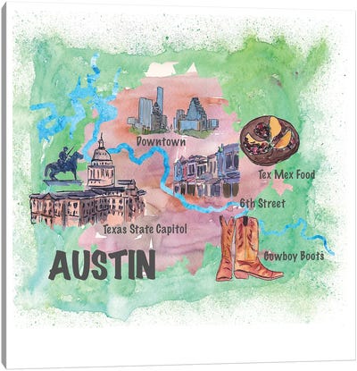 Austin, Texas Travel Poster Canvas Art Print - Kids Map Art