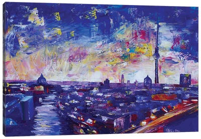 Berlin Impressive Skyline At Night Canvas Art Print - Purple Abstract Art
