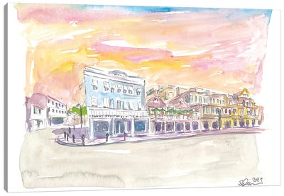 Queen St Front St Scene In Hamilton Bermuda At Sunset Canvas Art Print - Bermuda