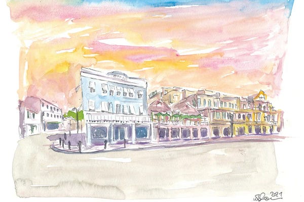 Markus & Martina Bleichner: Queen St Front St Scene In Hamilton Bermuda At Sunset by Markus & Martina Bleichner