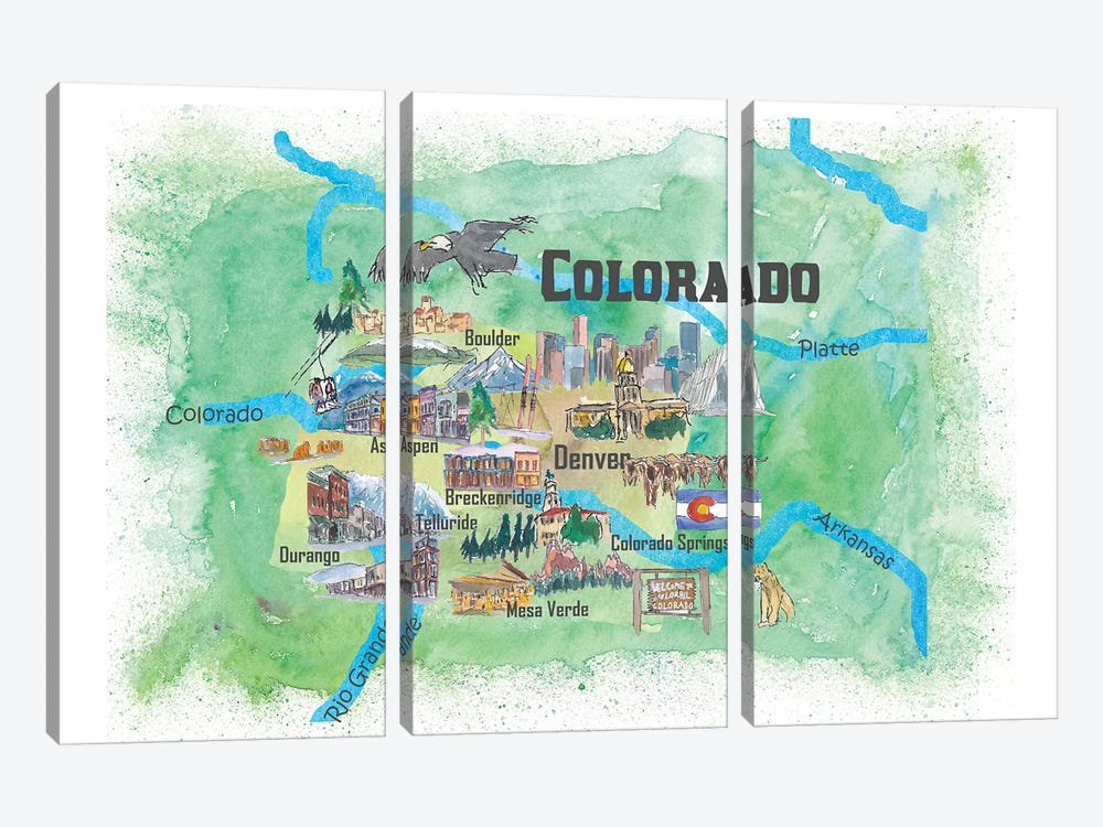 USA, Colorado Illustrated Travel Poster by Markus & Martina Bleichner 3-piece Canvas Art Print
