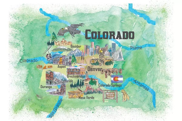 Kids Map Art: USA, Colorado Illustrated Travel Poster by Markus & Martina Bleichner