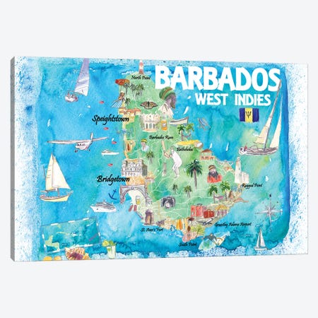 Barbados Antilles Illustrated Caribbean Map With Highlights Of West Indies Island Dream Canvas Print #MMB416} by Markus & Martina Bleichner Canvas Print