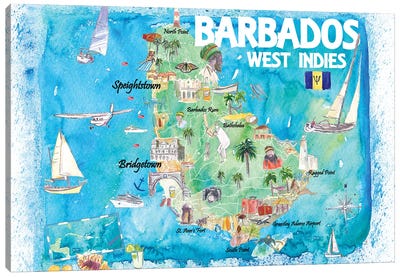 Barbados Antilles Illustrated Caribbean Map With Highlights Of West Indies Island Dream Canvas Art Print - Caribbean Art
