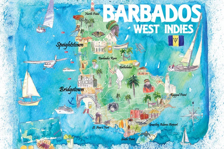 Barbados Antilles Illustrated Caribbean Map With Highlights Of West Indies Island Dream