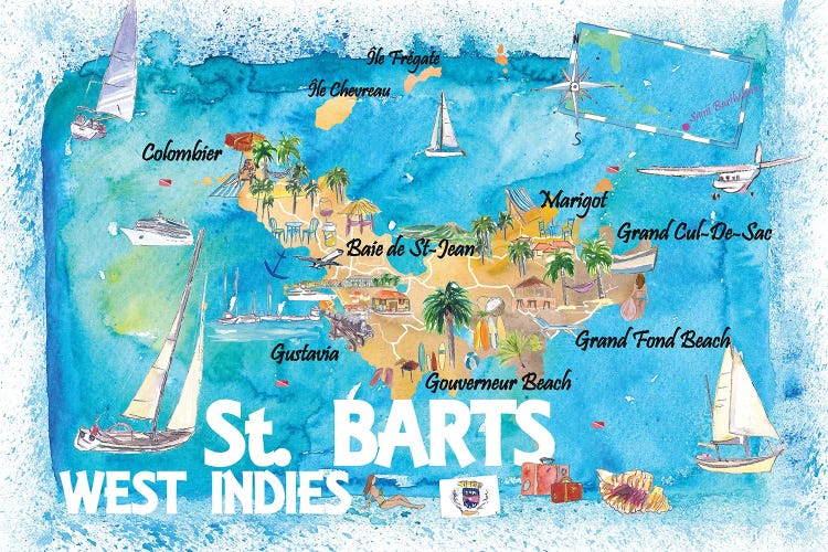 St Barts Antilles Illustrated Caribbean Map With Highlights Of West Indies Island Dream