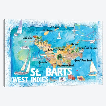 St Barts Antilles Illustrated Caribbean Map With Highlights Of West Indies Island Dream Canvas Print #MMB417} by Markus & Martina Bleichner Canvas Art Print