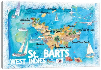 St Barts Antilles Illustrated Caribbean Map With Highlights Of West Indies Island Dream Canvas Art Print - Markus & Martina Bleichner