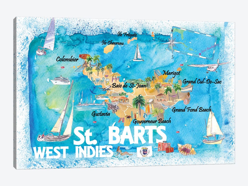St Barts Antilles Illustrated Caribbean Map With Highlights Of West Indies Island Dream by Markus & Martina Bleichner 1-piece Canvas Art