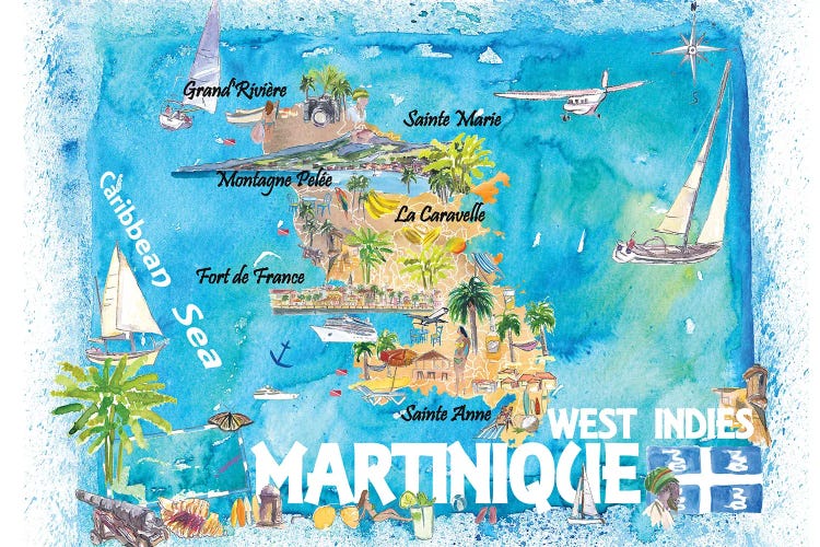 Martinique Antilles Illustrated Caribbean Map With Highlights Of West Indies Island Dream