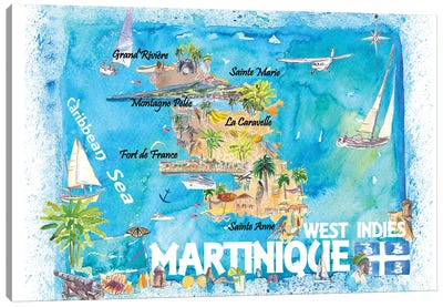 Martinique Antilles Illustrated Caribbean Map With Highlights Of West Indies Island Dream Canvas Art Print - Nautical Maps