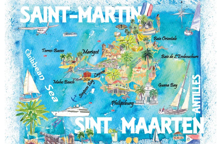 Saint-Martin Sint Maarten Antilles Illustrated Caribbean Map With Highlights Of West Indies Island Dream