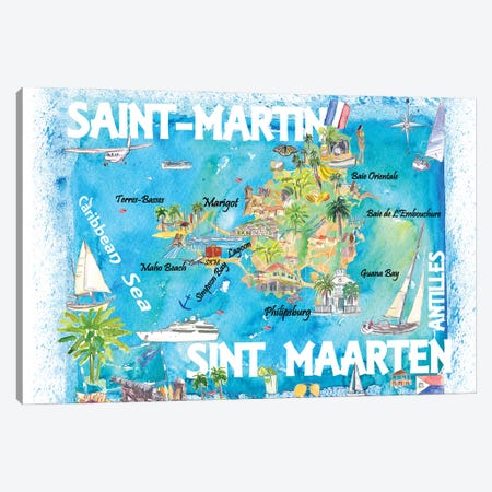 Saint-Martin Sint Maarten Antilles Illustrated Caribbean Map With Highlights Of West Indies Island Dream Canvas Print #MMB419} by Markus & Martina Bleichner Canvas Art