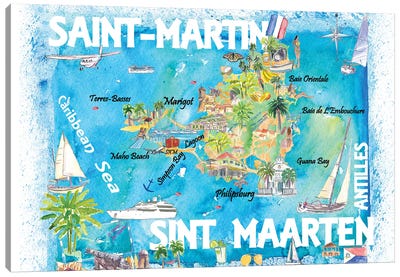 Saint-Martin Sint Maarten Antilles Illustrated Caribbean Map With Highlights Of West Indies Island Dream Canvas Art Print - Island Art