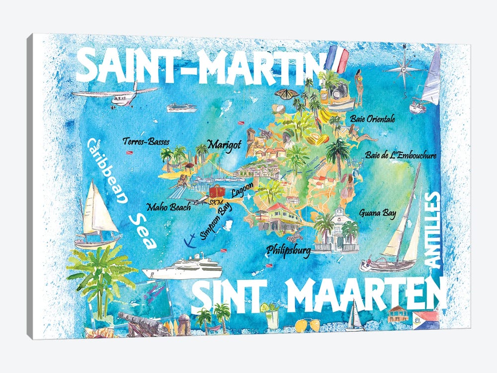 Saint-Martin Sint Maarten Antilles Illustrated Caribbean Map With Highlights Of West Indies Island Dream by Markus & Martina Bleichner 1-piece Canvas Art