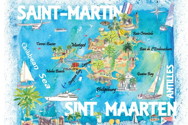 Markus & Martina Bleichner: Saint-Martin Sint Maarten Antilles Illustrated Caribbean Map With Highlights Of West Indies Island Dream by Markus & Martina Bleichner
