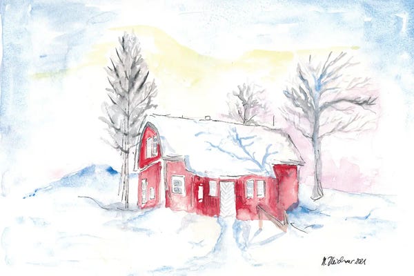 Markus & Martina Bleichner: Afternoon Sun During Scandinavian Winter With Red House by Markus & Martina Bleichner