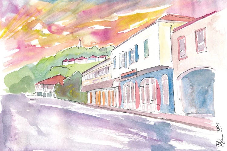 Gustavia St Barts Street Scene At Sunset