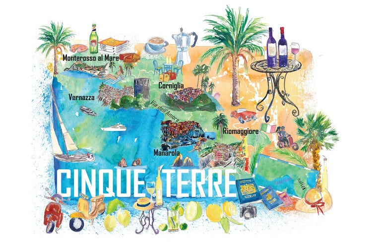 Cinque Terre Italy Illustrated Caribbean Travel Map