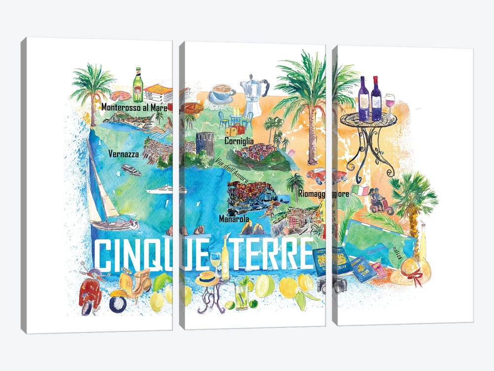 Cinque Terre Italy Illustrated Caribbean Travel Map by Markus & Martina Bleichner 3-piece Art Print
