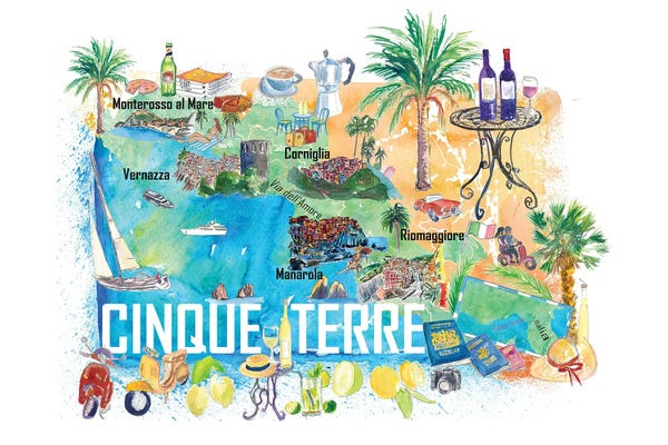 Markus & Martina Bleichner: Cinque Terre Italy Illustrated Caribbean Travel Map by Markus & Martina Bleichner
