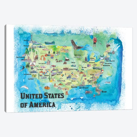USA, Continental States Map With Highlights And Favorites Canvas Print #MMB42} by Markus & Martina Bleichner Canvas Print