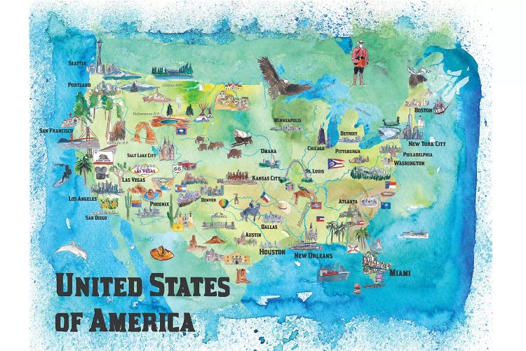 USA, Continental States Map With Highlights And Favorites