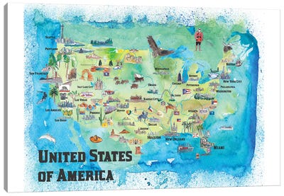 USA, Continental States Map With Highlights And Favorites Canvas Art Print - Kids Map Art