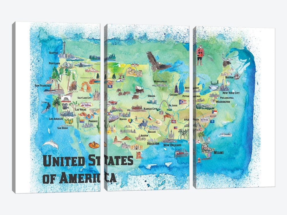 USA, Continental States Map With Highlights And Favorites by Markus & Martina Bleichner 3-piece Art Print
