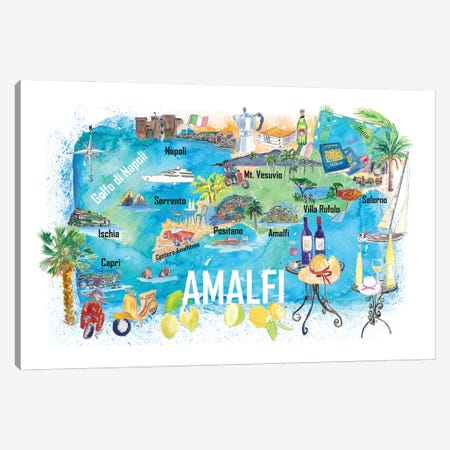 Amalfi Italy Illustrated Caribbean Travel Map Canvas Print #MMB430} by Markus & Martina Bleichner Canvas Artwork