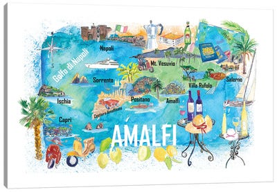 Amalfi Italy Illustrated Caribbean Travel Map Canvas Art Print - Amalfi Art