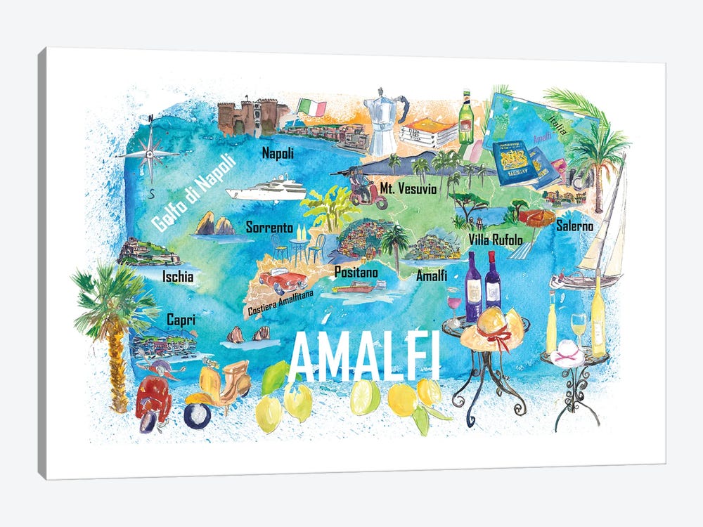 Amalfi Italy Illustrated Caribbean Travel Map by Markus & Martina Bleichner 1-piece Canvas Print