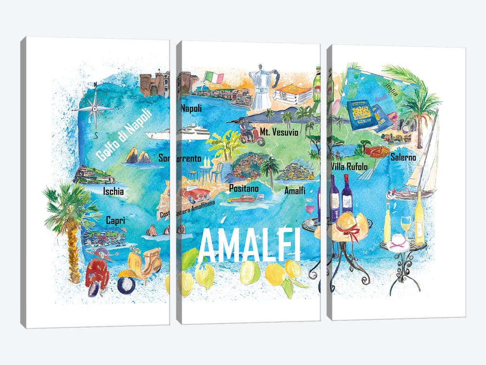 Amalfi Italy Illustrated Caribbean Travel Map by Markus & Martina Bleichner 3-piece Canvas Print