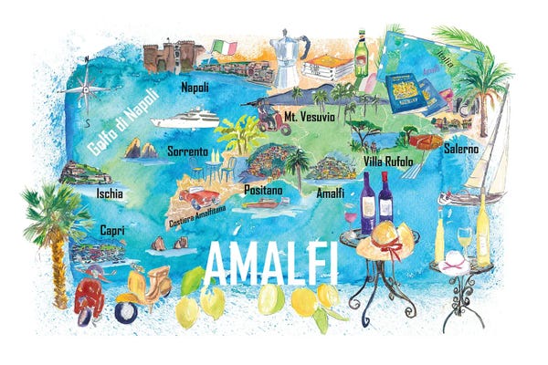 Markus & Martina Bleichner: Amalfi Italy Illustrated Caribbean Travel Map by Markus & Martina Bleichner