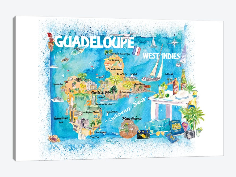 Guadeloupe Antilles Illustrated Caribbean Travel Map by Markus & Martina Bleichner 1-piece Canvas Artwork