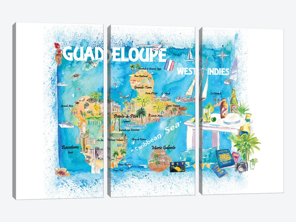 Guadeloupe Antilles Illustrated Caribbean Travel Map by Markus & Martina Bleichner 3-piece Canvas Wall Art