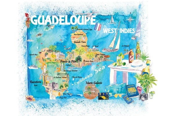 Famous Palaces & Residences: Guadeloupe Antilles Illustrated Caribbean Travel Map by Markus & Martina Bleichner