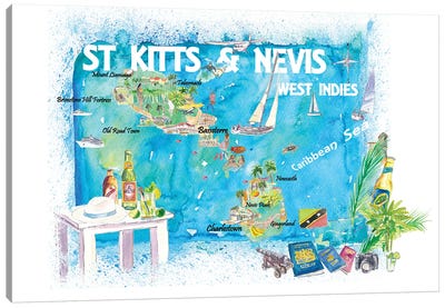 St Kitts Nevis Antilles Illustrated Caribbean Travel Map Canvas Art Print - Markus & Martina Bleichner