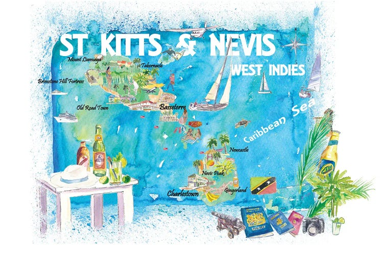St Kitts Nevis Antilles Illustrated Caribbean Travel Map by Markus & Martina Bleichner wall art