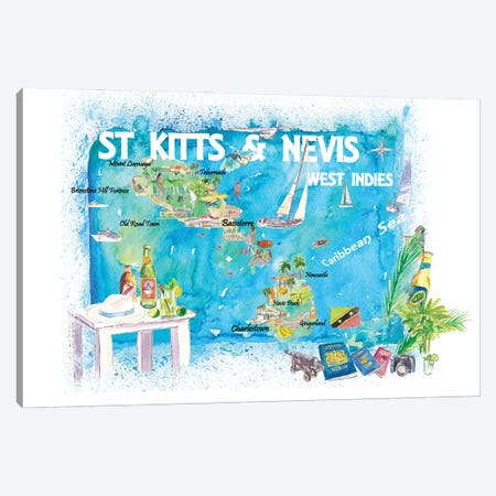 St Kitts Nevis Antilles Illustrated Caribbean Travel Map Canvas Print #MMB432} by Markus & Martina Bleichner Canvas Wall Art