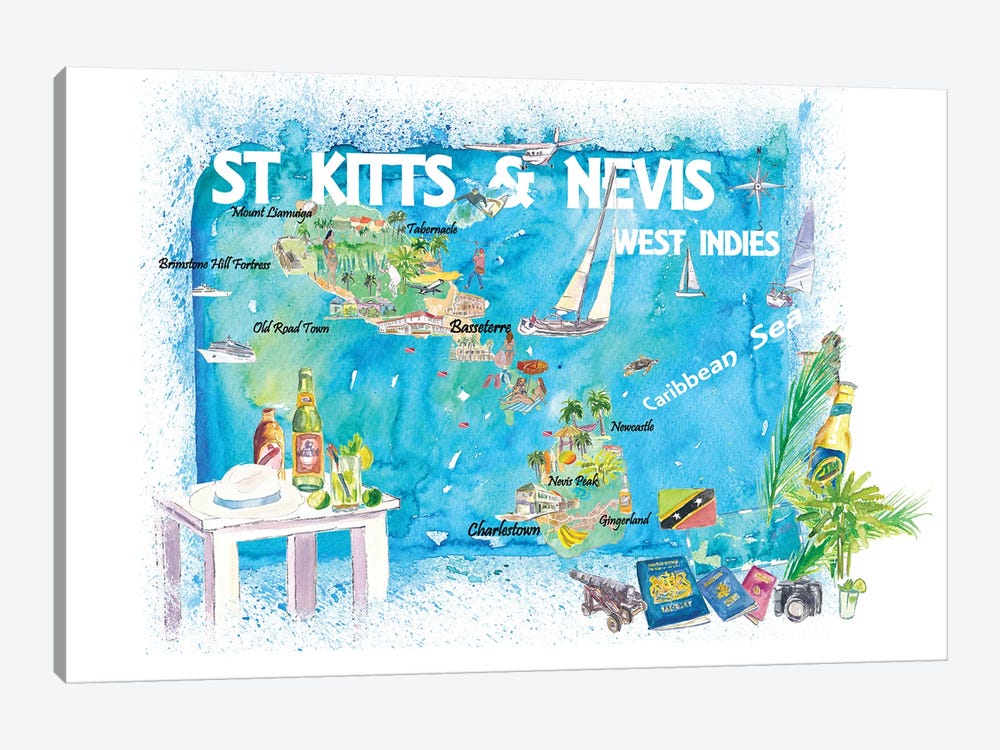St Kitts Nevis Antilles Illustrated Caribbean Travel Map by Markus & Martina Bleichner 1-piece Canvas Art Print