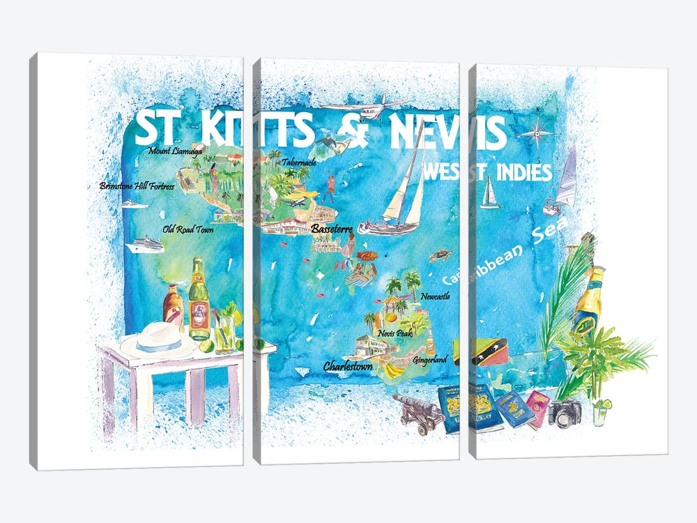 St Kitts Nevis Antilles Illustrated Caribbean Travel Map by Markus & Martina Bleichner 3-piece Canvas Art Print