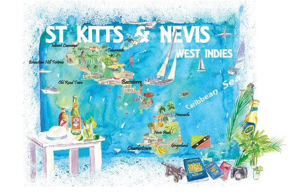 St Kitts Nevis Antilles Illustrated Caribbean Travel Map