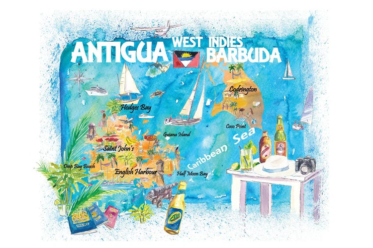 Antigua Barbuda Antilles Illustrated Caribbean Travel Map by Markus & Martina Bleichner wall art