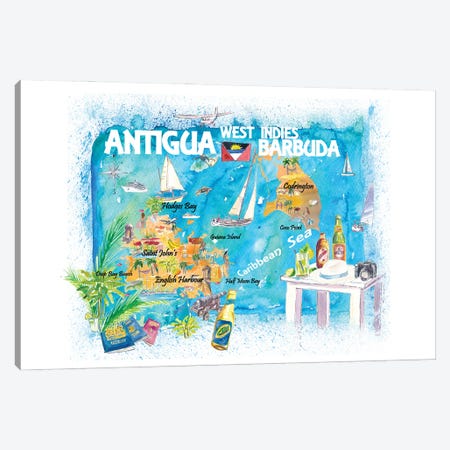 Antigua Barbuda Antilles Illustrated Caribbean Travel Map Canvas Print #MMB433} by Markus & Martina Bleichner Canvas Wall Art