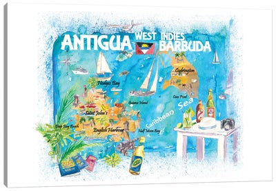 Antigua Barbuda Antilles Illustrated Caribbean Travel Map Canvas Art Print - Country Maps