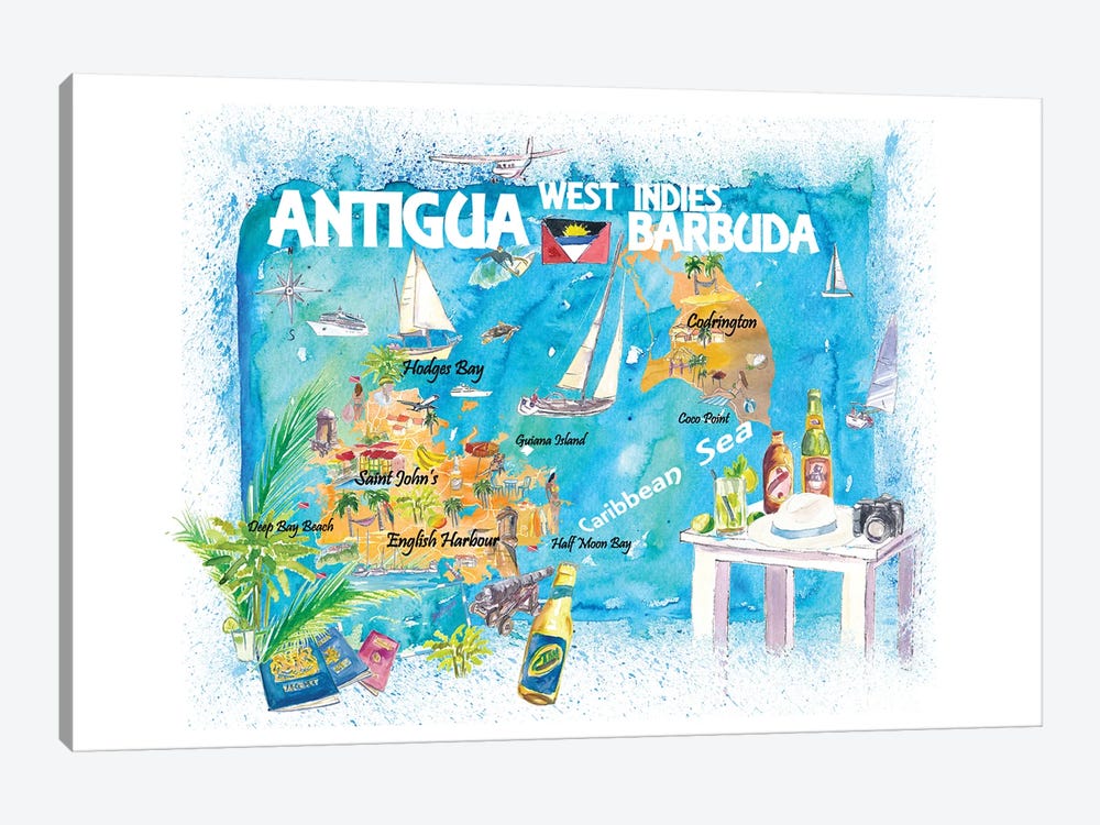 Antigua Barbuda Antilles Illustrated Caribbean Travel Map by Markus & Martina Bleichner 1-piece Canvas Art