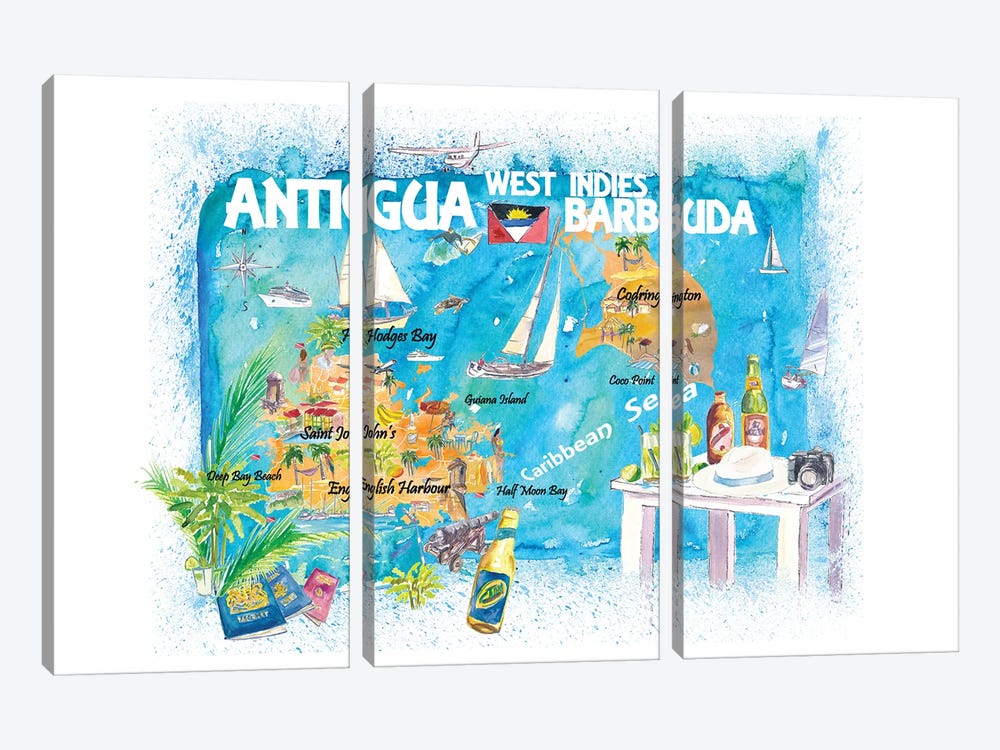 Antigua Barbuda Antilles Illustrated Caribbean Travel Map by Markus & Martina Bleichner 3-piece Canvas Art